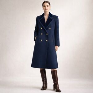 Vintage 80s Wool Peacoat Maxi Coat Velvet Collar Gold Button Double Breasted 14